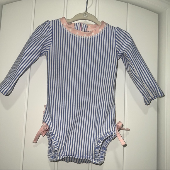 Ruffle Butts Other - Ruffle Buffs Baby Blue Striped Rash Guard One-Piece Swimsuit Size 6-12 Months